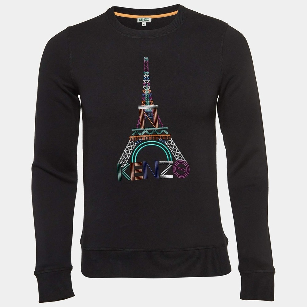Kenzo Paris Black Eiffel Embroidered Cotton Knit Crew Neck Sweatshirt